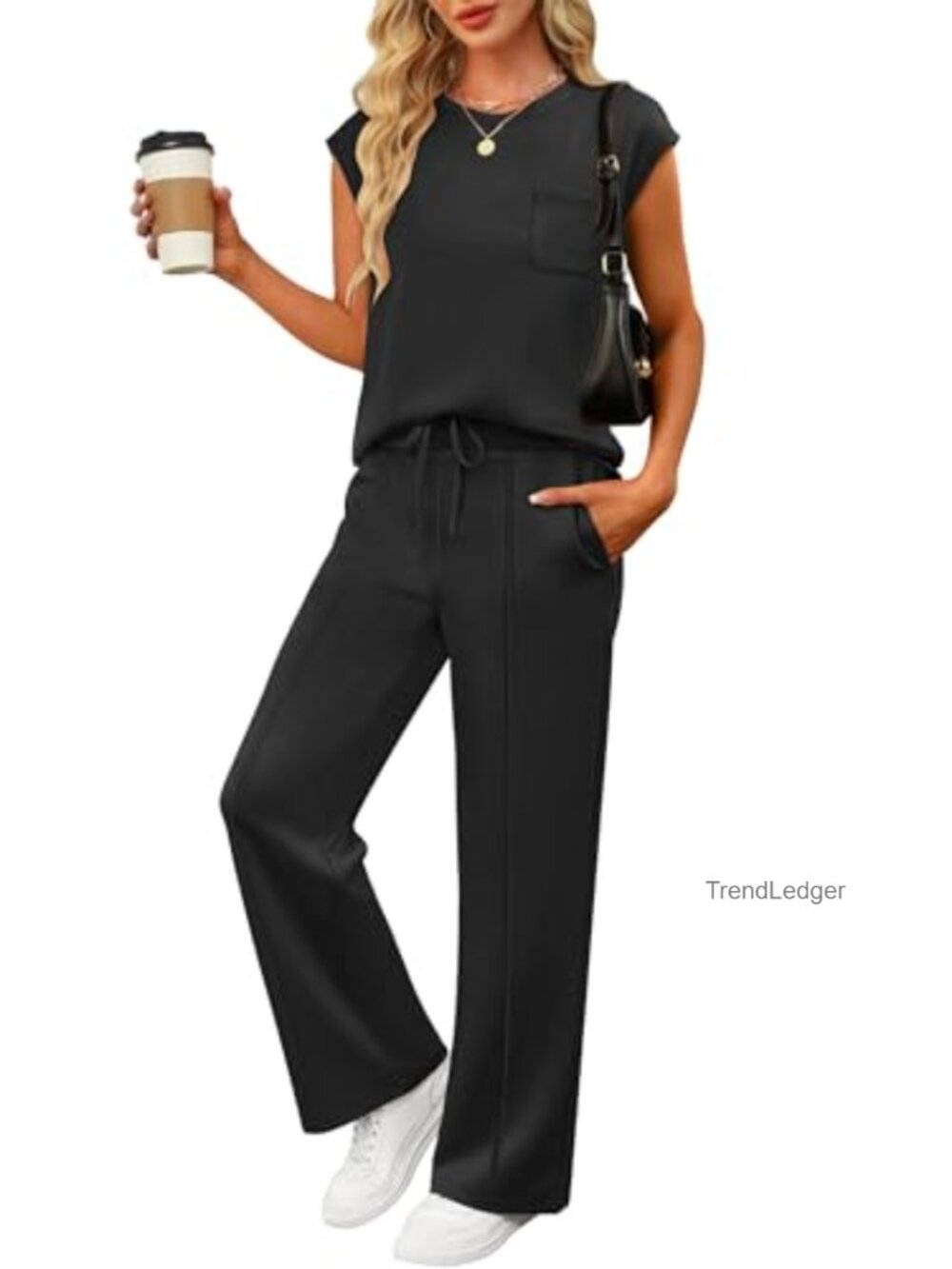 Women's 2 Piece Sleeveless Lounge Set Drawstring Travel Airport Outfit